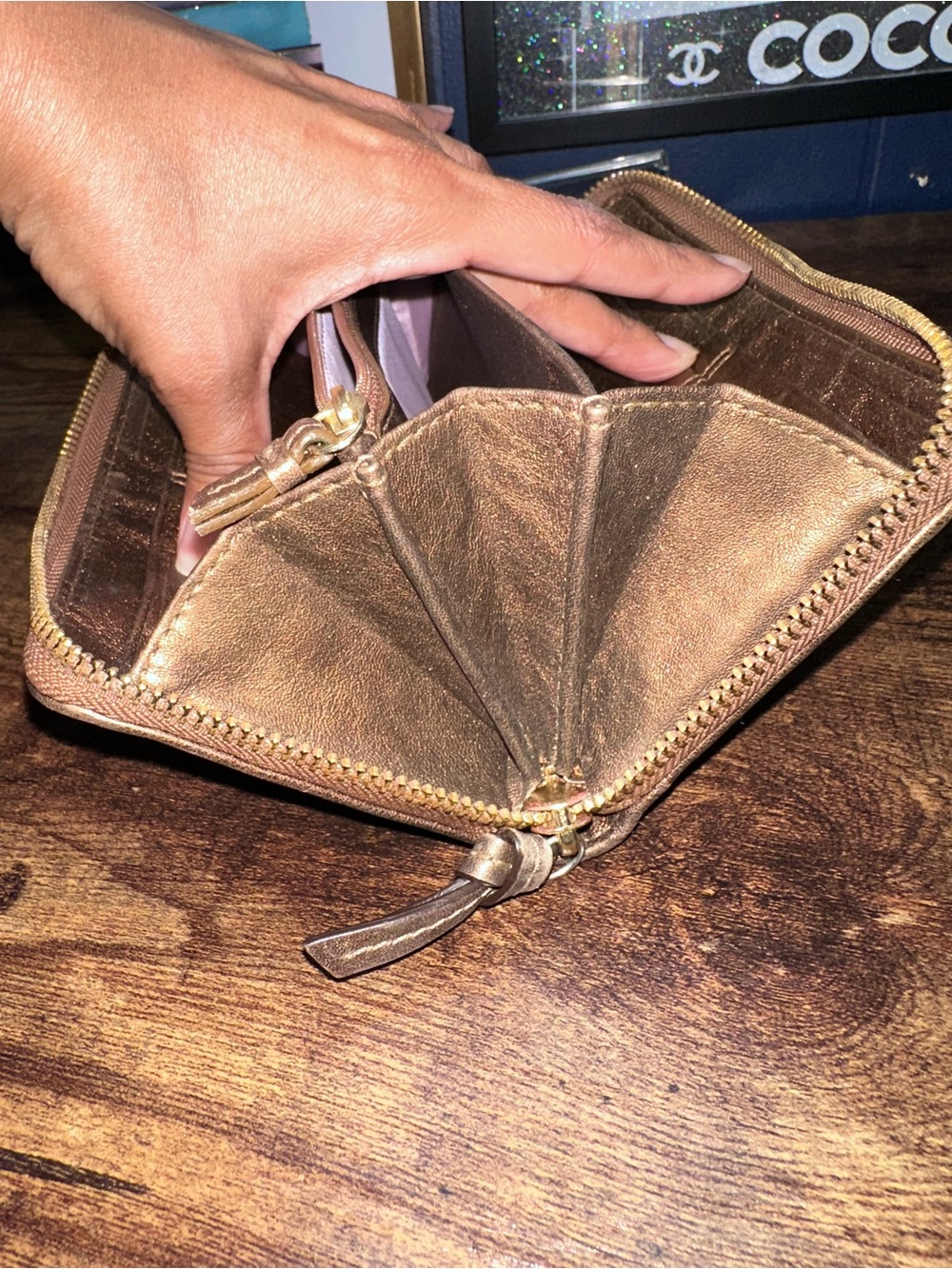 COACH Zoe Vintage Metallic Legacy Bronze Leather Zip Wallet with Buckle Detail - Picture 10 of 12